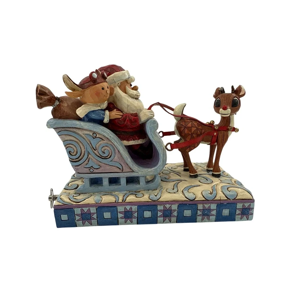 Jim Shore Rudolph Traditions Music Box Santa Sleigh Reindeer Plays Tune #4009803
